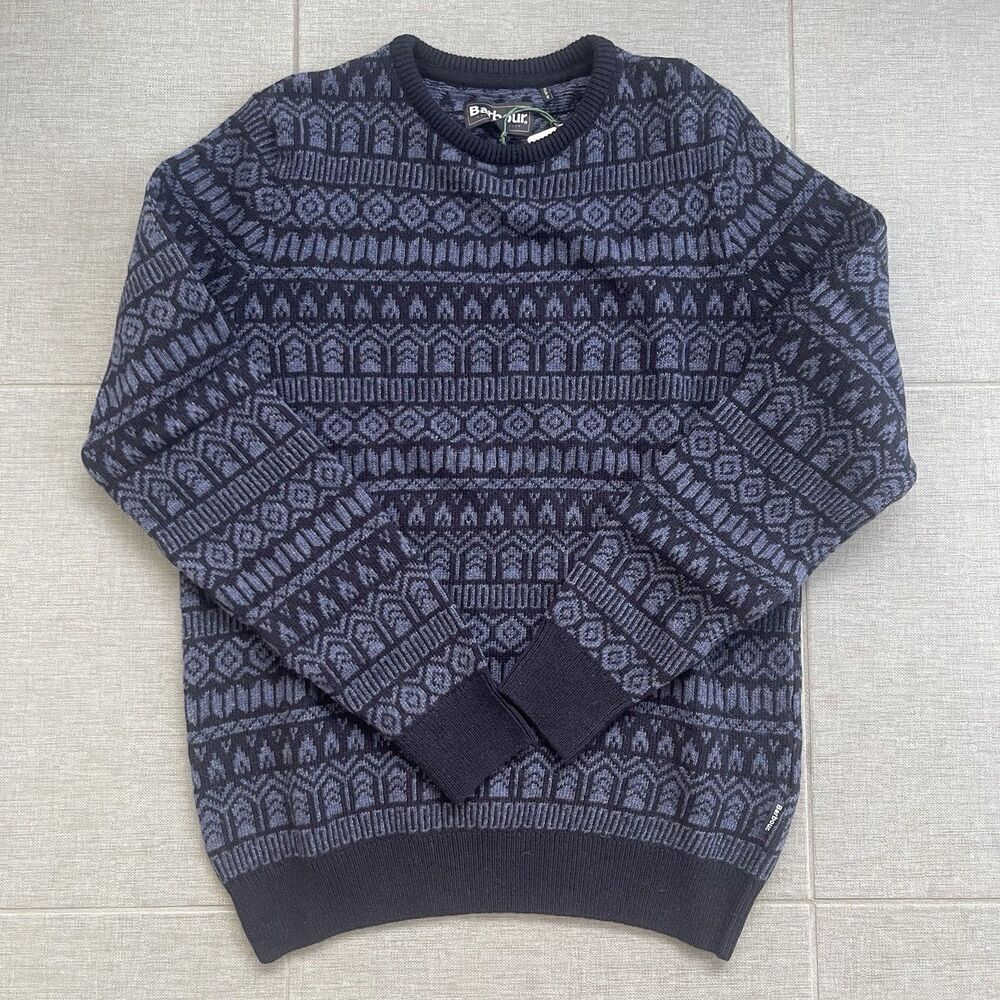 BARBOUR Stonebeck Fair Isle Crew Neck Sweater Small Blue NEW Wool‎ Winter Ski